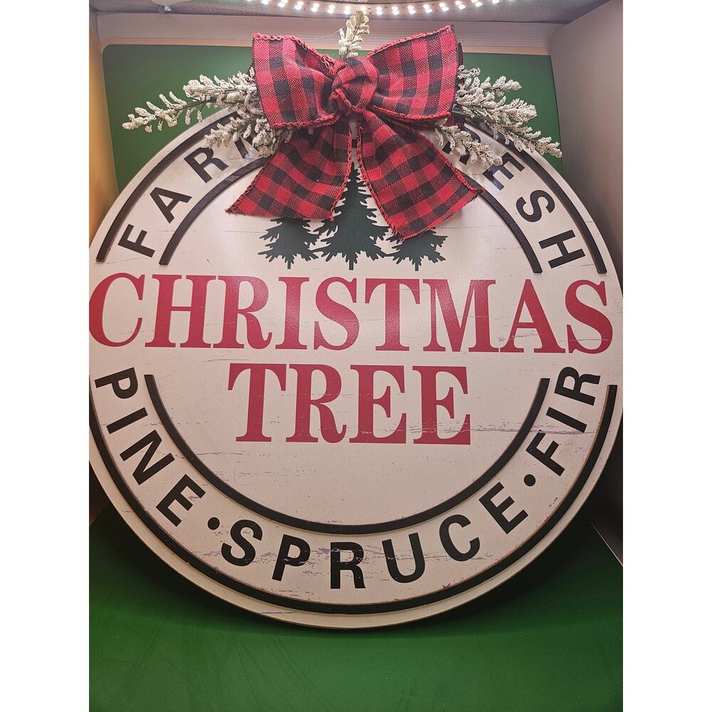 Festive Plaque Christmas Tree Round 15" Door Wall Hanging Farmhouse Rustic